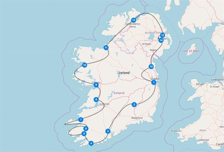 Map with route Ireland trip